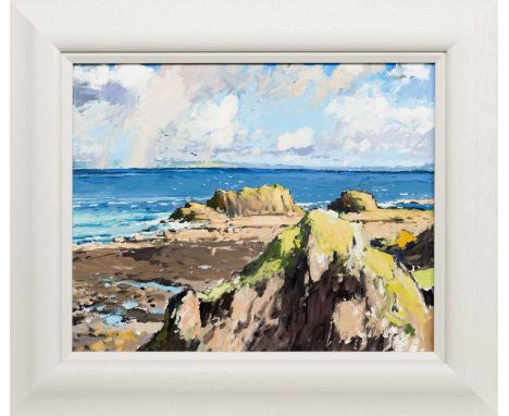 DOUGLAS LENNOX, DISTANT SHOWERS, DUNURE oil on board, signed and dated '05, titled label versoframed image size 39cm x 49cm, 
