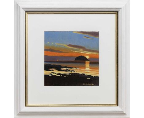 * FRANK COLCLOUGH (SCOTTISH 1941 - 2023), SUNSET: AILSA CRAIG  oil on board, signed, titled versomounted, framed and under gl