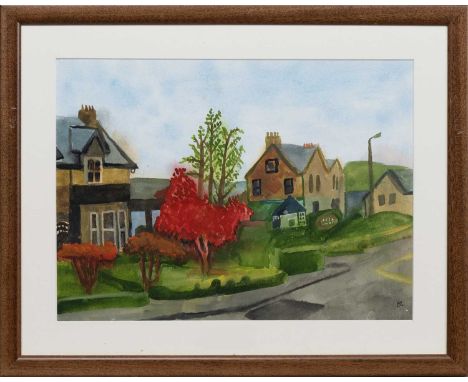 * LADY LUCINDA MACKAY (SCOTTISH b. 1941), THE RED TREE, PITLOCHRY watercolour on paper, monogrammed, titled label versomounte