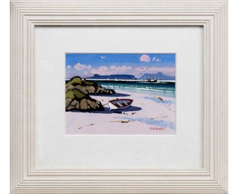 * FRANK COLCLOUGH (SCOTTISH 1941 - 2023), HOMEWARD BOUND, ARISAIG acrylic on board, signed, titled versomounted, framed and u