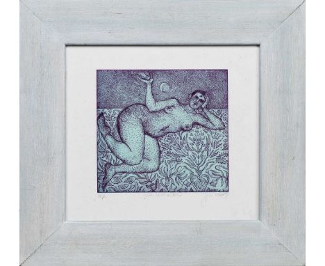 * JUNE CAREY RSW RGI (SCOTTISH b. 1942), GIRL WITH A BIRD artist's proof colour etching on paper, signed, titled and numbered