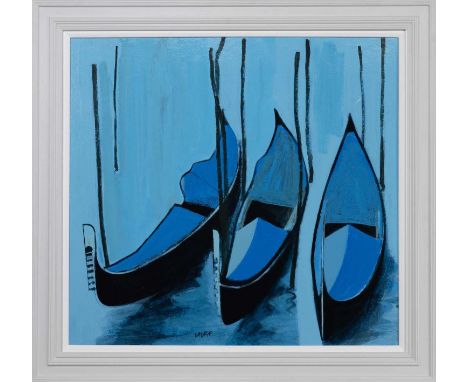 * SIMON LAURIE RSW RGI (SCOTTISH b. 1964), GONDOLAS acrylic on board, signed, titled versoframedimage size 75cm x 81cm, overa