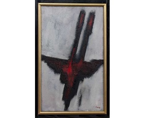 * WILLIAM GEAR RA FRSA RBSA (SCOTTISH 1915 - 1997), RED FLIGHT FORM oil on canvas, signed and dated '58, titled versoframedim