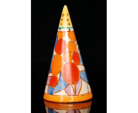 Clarice Cliff - Berries - A conical sugar sifter circa 1931, hand painted with stylised fruit and foliage between orange and 