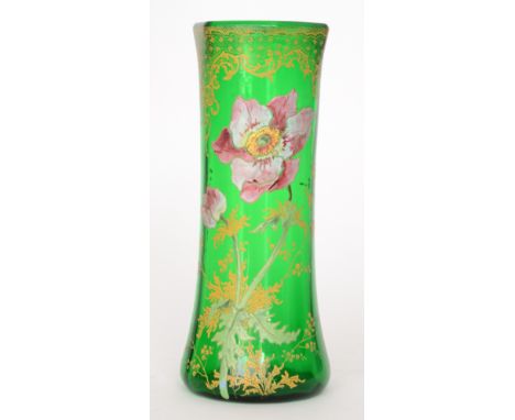 Mont Joye & Cie - An early 20th Century Art Nouveau glass vase of sleeve form with a square collar neck, transfer printed and