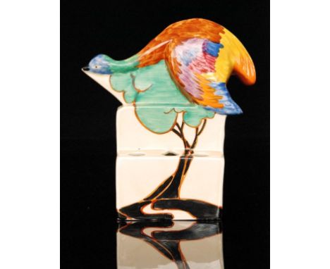 Clarice Cliff - Green Autumn - A Swan flower block circa 1930, with stepped block base surmounted by a stylised swan hand pai