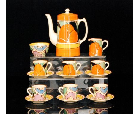 Clarice Cliff - Orange Gardenia - A Tankard shape coffee service circa 1931 comprising coffee pot, cream, sugar, six cups and