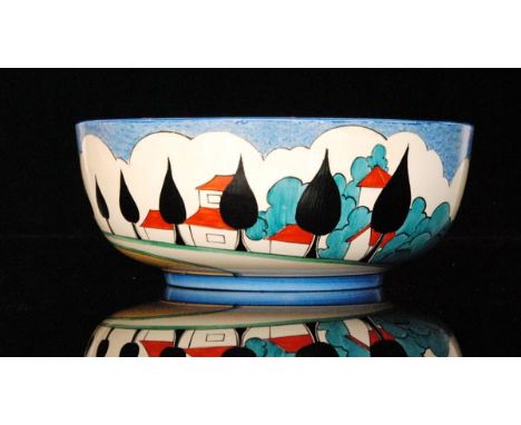 Clarice Cliff - May Avenue - A large Holborn shape fruit bowl circa 1933, hand painted with a stylised tree and cottage lands