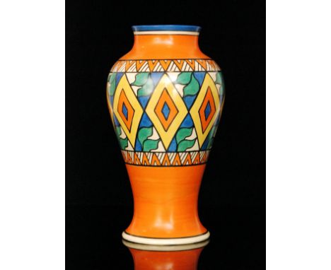 Clarice Cliff - Diamonds variant - A large shape 14 Mei Ping vase circa 1929, hand painted with a central band of double diam