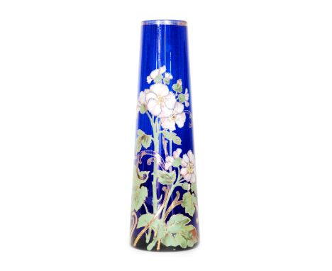 Mont Joye & Cie - An early 20th Century Art Nouveau glass vase of tapered sleeve form, transfer printed and enamel decorated 