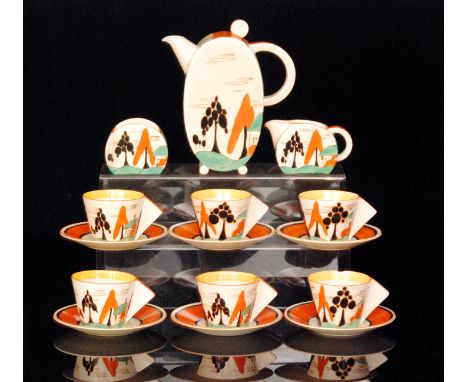 Clarice Cliff - Orange Trees & House - A Bon Jour shape coffee service circa 1933, comprising coffee pot, cream, sugar, six c