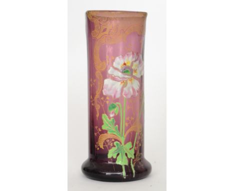 Mont Joye & Cie - An early 20th Century Art Nouveau glass vase of sleeve form with a hexagonal collar neck, transfer printed 