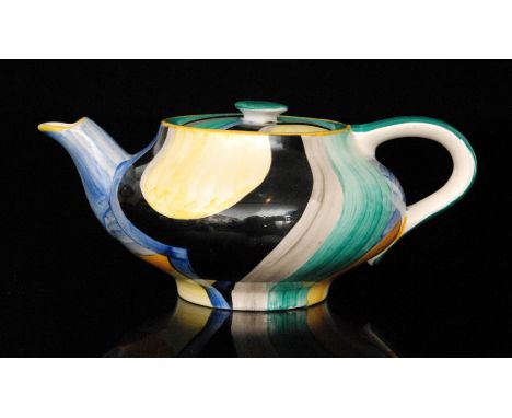 Susie Cooper - Grays Pottery - 8189 - A late 1920s teapot of compressed form decorated with an abstract pattern in black, blu