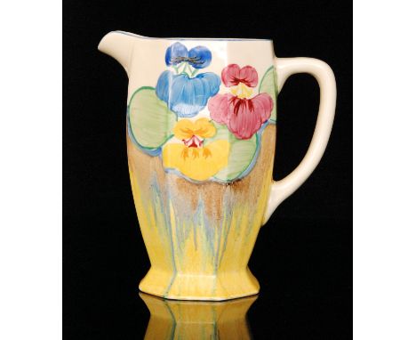 Clarice Cliff - Delecia Pansies - An Athens shape jug circa 1932, hand painted with a band of stylised flowers and foliage ab