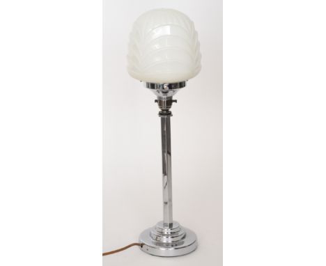 Unknown - An Art Deco style table lamp, the chrome plated stepped stand with a fluted column leading to a (removable) white m