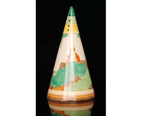 Clarice Cliff - Secrets - A conical sugar sifter circa 1933, hand painted with a stylised coastal tree and cottage landscape 