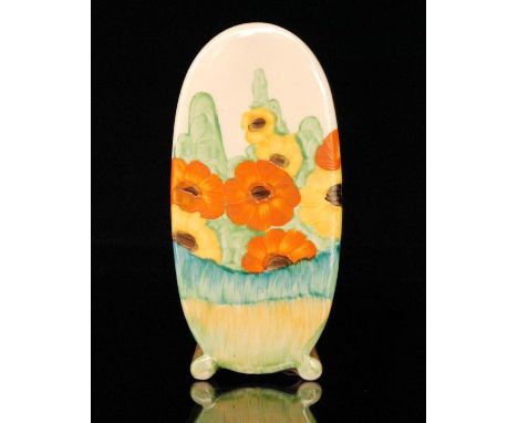 Clarice Cliff - Fragrance - A Bon Jour shaped sugar sifter circa 1935, hand painted with a stylised flower bed of hollyhocks,
