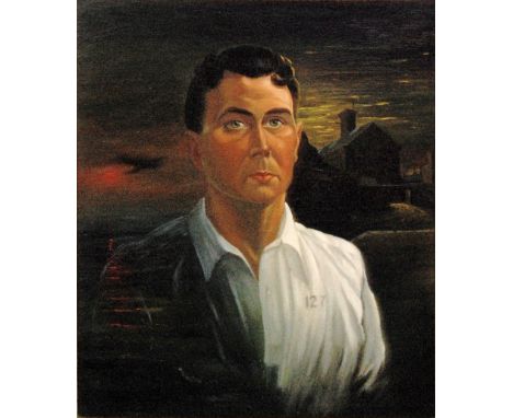 Bernard Pearsall (b.1923) - Portrait of prisoner Donald Hulme with Dartmoor Prison beyond, oil on canvas, signed and dated 19