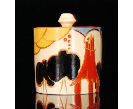 Clarice Cliff - Summerhouse - A drum preserve circa 1931, hand painted with a stylised pagoda and tree landscape with banded 