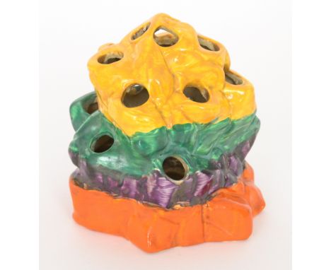 Clarice Cliff - Liberty Stripe - A rock form flower frog circa 1930, hand painted in yellow, green, purple and orange banding