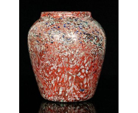 Monart - A large 1930s shape JA glass vase of high shouldered form, enamel decorated in a Paisley Shawl design with tonal blu