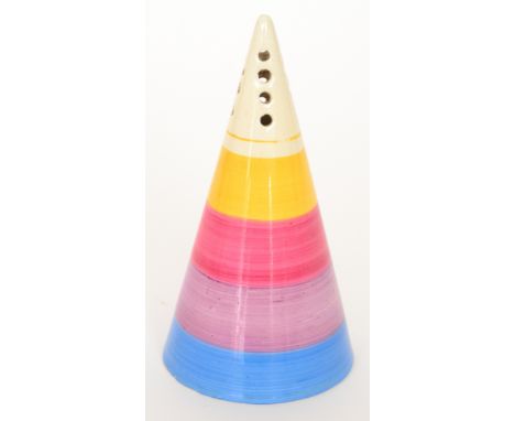 Clarice Cliff - Banded - A conical sugar sifter circa 1933, hand painted with yellow, pink and blue banding, Bizarre mark, he