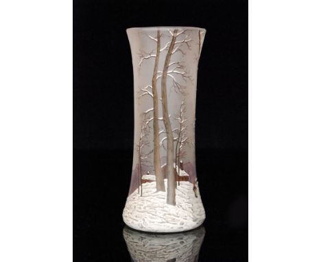 In the manner of Legras - An early 20th Century Art Nouveau glass vase of sleeve form with hexagonal rim, enamel decorated wi