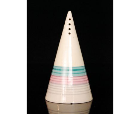 Clarice Cliff - Banded - A conical sugar sifter circa 1933, hand painted with turquoise, pink and grey banding, Bizarre mark,