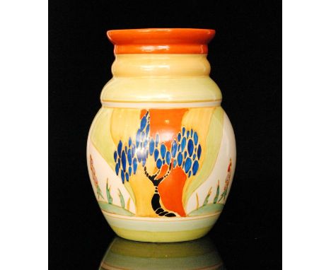 Clarice Cliff - Windbells - A shape 358 vase circa 1933, hand painted with a stylised tree landscape between orange, yellow a