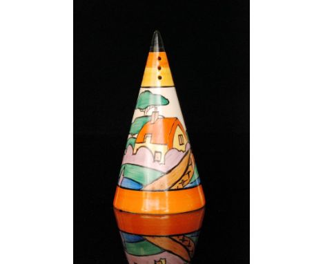 Clarice Cliff - Orange Roof Cottage - A conical sugar sifter circa 1932, hand painted with a stylised cottage, tree and bridg