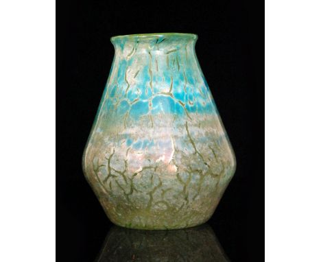 Monart - A 1930s shape D 'Cloisonne' glass vase of angular shouldered form with collar neck, the whole enamel decorated with 