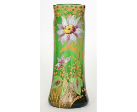 Mont Joye & Cie - An early 20th Century Art Nouveau glass vase of sleeve form with a hexagonal collar neck, transfer printed 