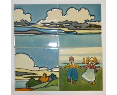Richards - An early 20th Century 6in dust pressed tile decorated with a Dutch girl and boy holding hands together with three 