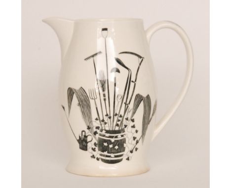 Eric Ravilious - Wedgwood - Garden Implements - A black and white lemonade jug decorated to one side with a barrel full of ga