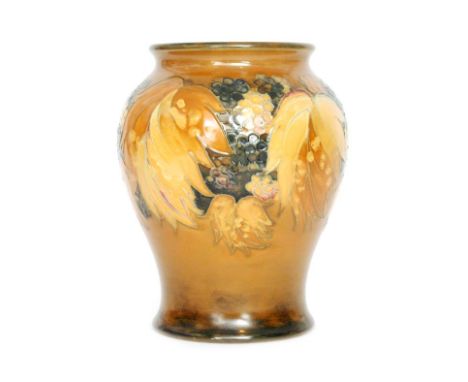 William Moorcroft - Salt glazed Ochre Leaf and Blackberry - A vase of shouldered tapering form decorated with a band of leave
