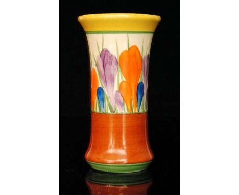 Clarice Cliff - Crocus - A shape 206 vase circa 1928, hand painted with a band of Crocus flowers within yellow, green and bro