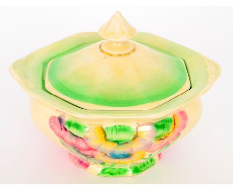 Clarice Cliff - Pink Pearls - A covered sugar box circa 1937, hand painted with a stylised tree landscape in tonal pink and g