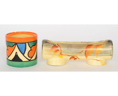 Clarice Cliff - Double V - A drum shape preserve pot circa 1929, hand painted with a repeat band of triangles and foliage mot
