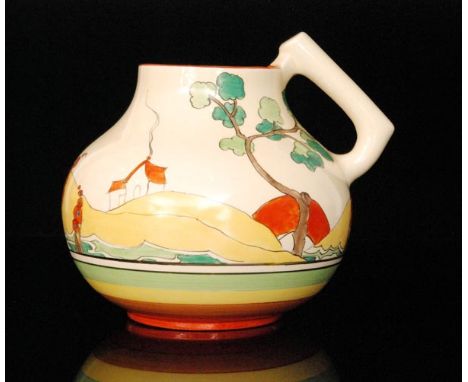 Clarice Cliff - Bridgewater Green - A shape 634 single handled jug circa 1934, hand painted with a stylised landscape with co