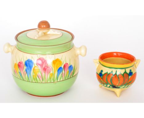 Clarice Cliff - Brown Lily - A small cauldron circa 1929, hand painted with stylised flowers and foliage with orange, yellow 