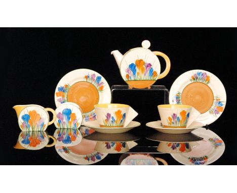 Clarice Cliff - Crocus - A composed Bon Jour shape early morning breakfast service circa 1933 comprising teapot, cream, sugar