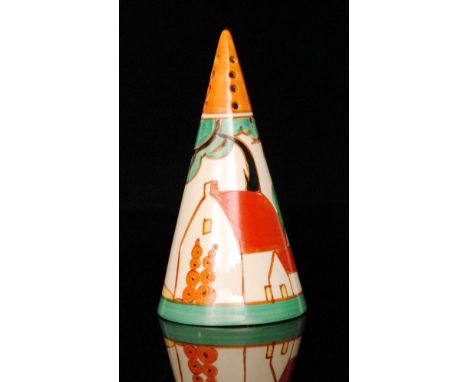 Clarice Cliff - Red Roofs - A conical sugar sifter circa 1932, hand painted with a stylised tree and cottage landscape with o