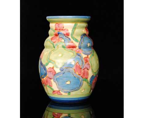 Clarice Cliff - Blue Chintz - A shape 358 vase circa 1932, hand painted with abstract flowers and foliage in tonal green, blu