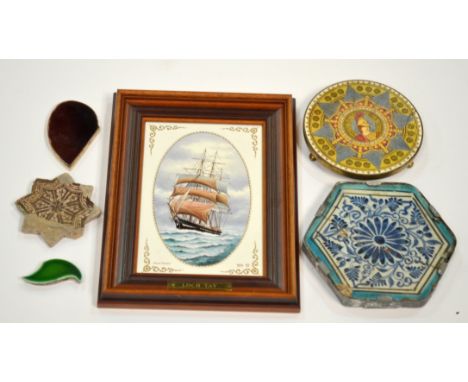 Spode - A later 20th Century limited edition tile panel hand painted with a scene of a galleon, entitled Loch Tay together wi