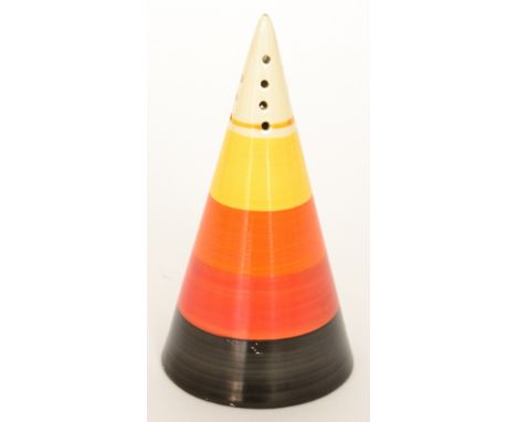 Clarice Cliff - Banded - A conical sugar sifter circa 1933, hand painted with yellow, orange, red and black banding, Bizarre 