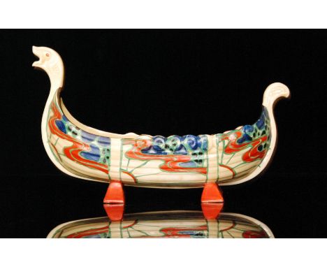 Clarice Cliff - Sunrise (Red) - A Viking Long Boat table centre circa 1929, hand painted with repeat panels of sun ray, wave 