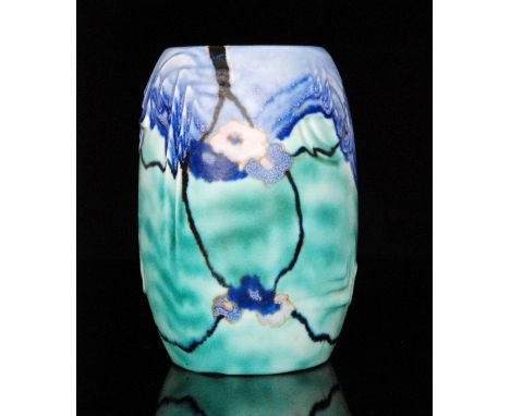 Clarice Cliff - Inspiration Honey Bloom - A Shorter & Son shape vase circa 1929 of barrel form,  relief moulded with abstract