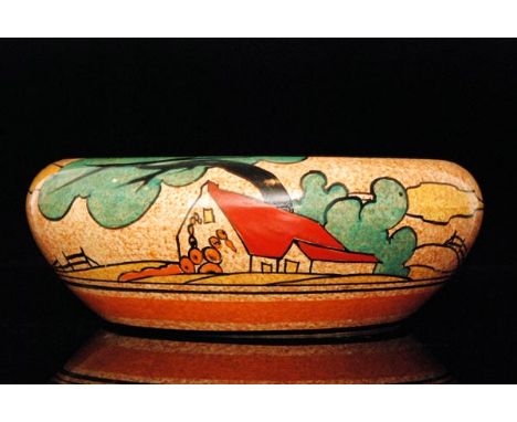 Clarice Cliff - Red Roofs Cafe au Lait - A large Hiawatha shape bowl circa 1931, hand painted with a stylised tree and cottag