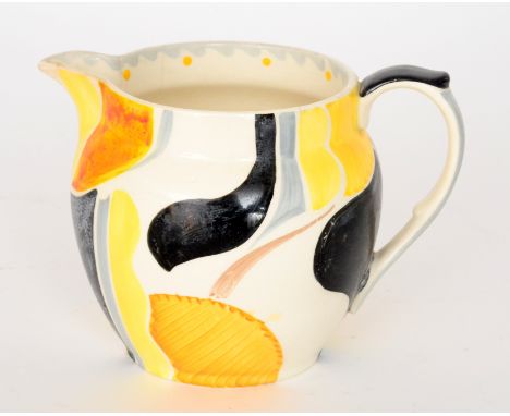 Susie Cooper - E243 - A 1930s abstract pattern water jug decorated with black, tonal yellow, grey and orange motifs against a