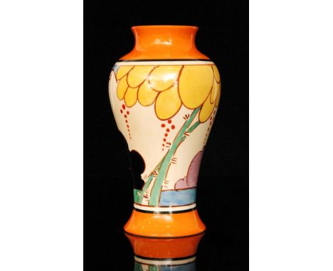 Clarice Cliff - Summerhouse - A shape 14 Mei Ping vase circa 1932, hand painted with a stylised tree and summerhouse garden b